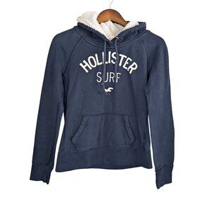 Hollister Womens Y2K Hoodie Large Navy Blue Sherpa Lined Hooded Sweatshirt Surf
